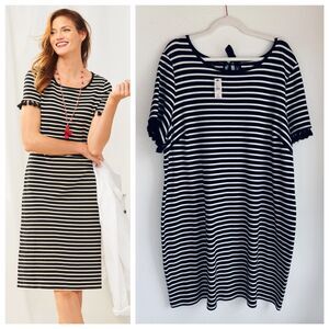 NWT Talbots Tassel Trim Striped Short Sleeve Shift Dress Navy & White Stripe 2Xp